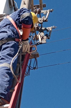Técnico de DISOR realizando mantención en línea eléctrica en altura
